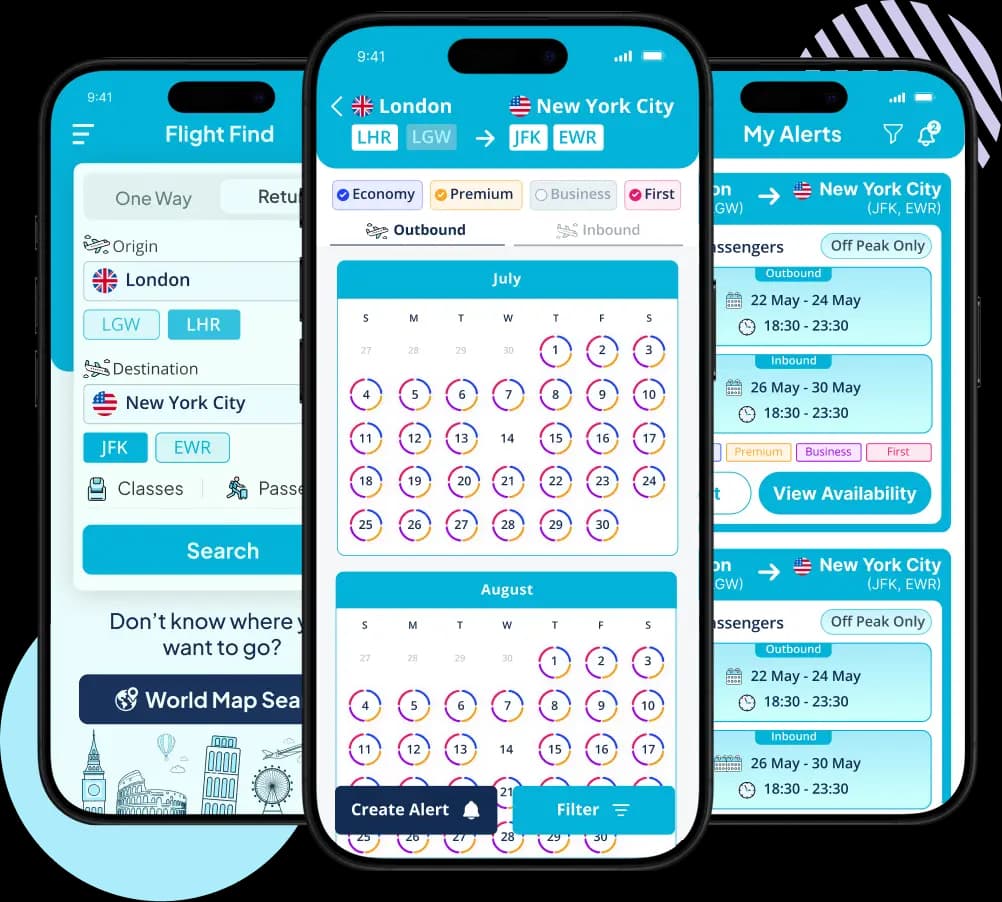 Reward Flight Finder mobile app on three phones