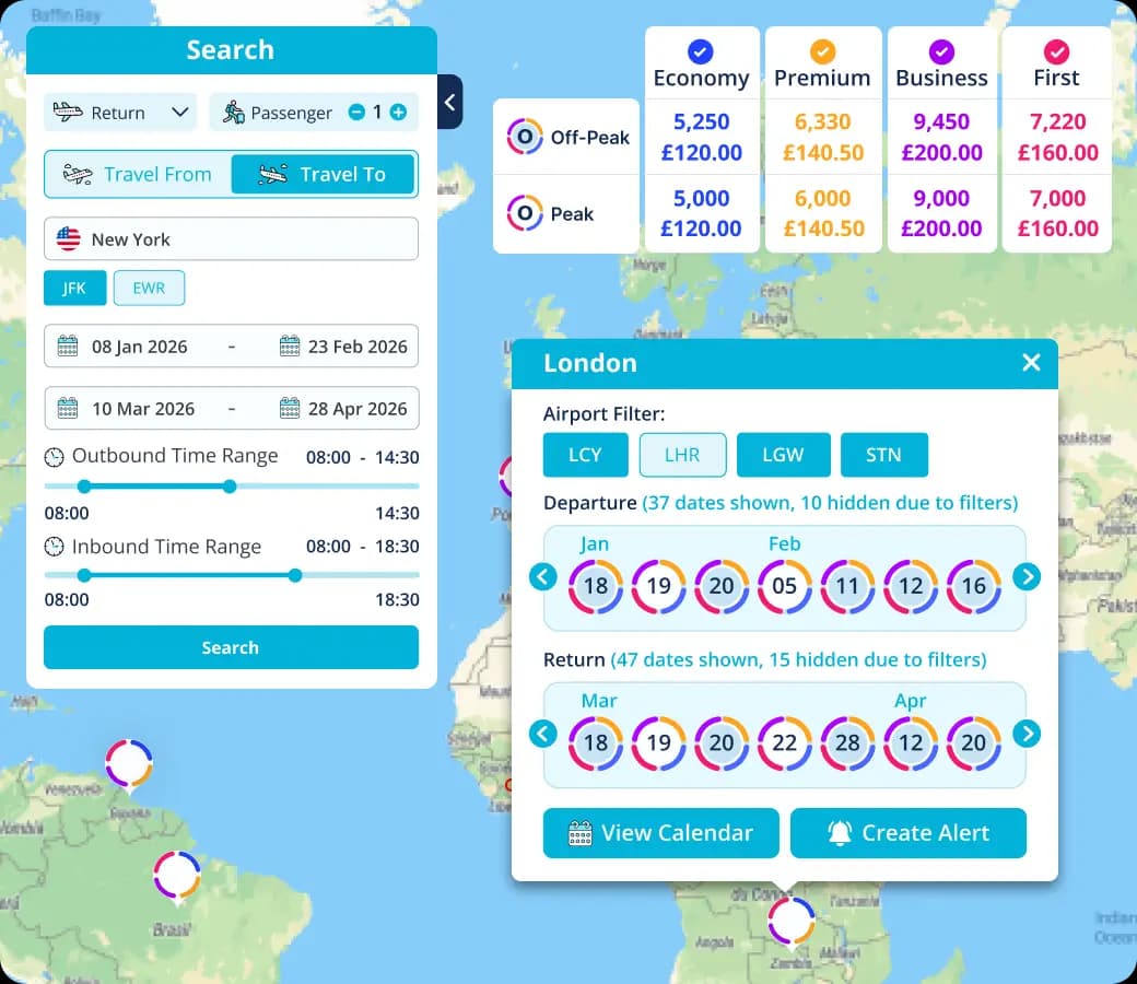 Interactive worldwide map showing reward flight destinations