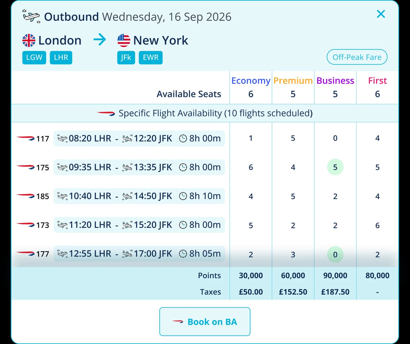 Specific BA and Iberia flight availability search